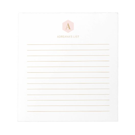 Einfache rosa und goldene Monogramme Personalisier Notizblock (Vorderseite)