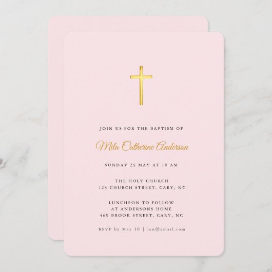 Einfache Rosa und Imitate Gold Cross Taufe Einladung (Vorne/Hinten)