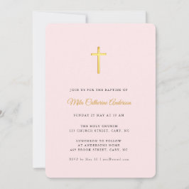Einfache Rosa und Imitate Gold Cross Taufe Einladung