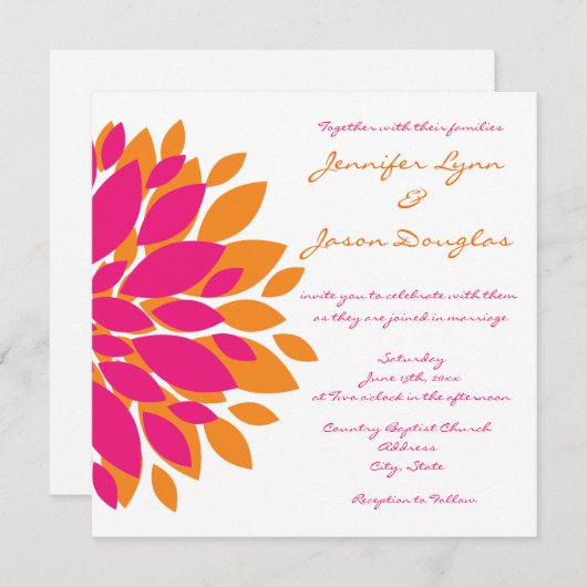 Einfache Rosa und orange Blume zum Hochzeitsfeiern Einladung (Vorne/Hinten)