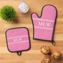Einfache rosa und weiße Monogramm Ofenhandschuh & Topflappen-Set
