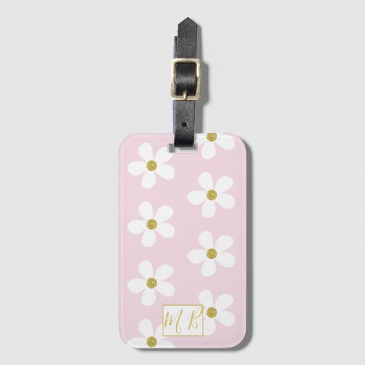 Einfache Rosa White Daisy Gold Monogram Travel Gepäckanhänger (Vorderseite Vertikal)