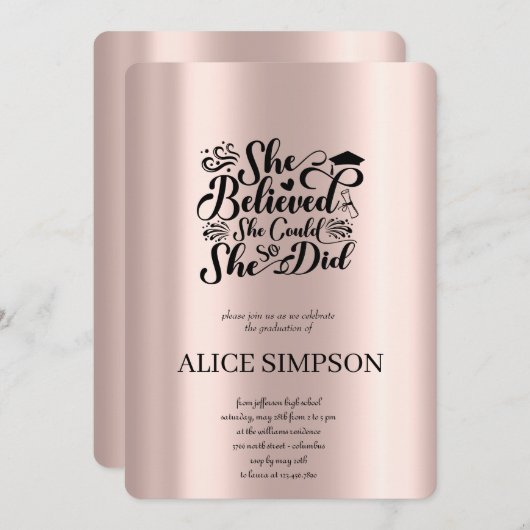 Einfache Rose Gold Abschluss Einladung (Vorne/Hinten)