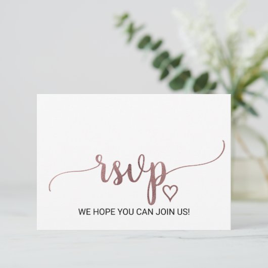 Einfache Rose Gold Calligraphy Website RSVP Card (Stehend Vorderseite)