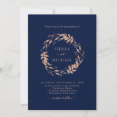 Einfache Rose Gold Foliage Navy Blue Wedding Einladung (Vorderseite)