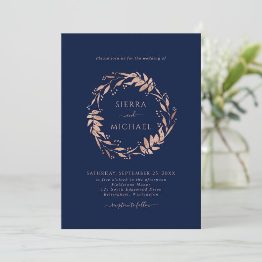 Einfache Rose Gold Foliage Navy Blue Wedding Einladung (Stehend Vorderseite)