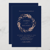 Einfache Rose Gold Foliage Navy Blue Wedding Einladung (Vorne/Hinten)