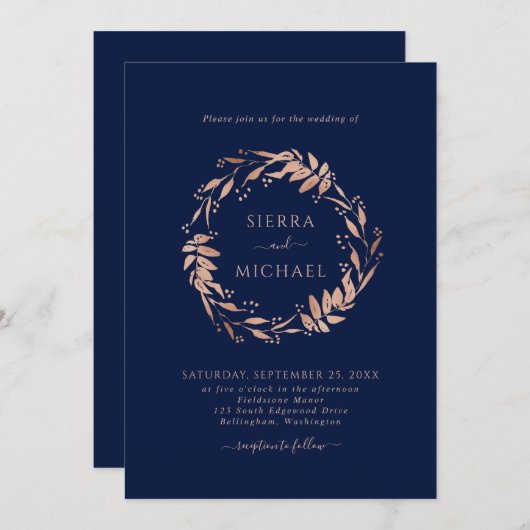 Einfache Rose Gold Foliage Navy Blue Wedding Einladung (Vorne/Hinten)