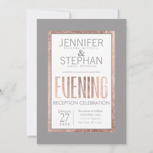 Einfache Rose Gold Frame Slate Grau Empfang Einladung (Vorderseite)