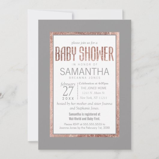 Einfache Rose Gold Frame Slate Gray Baby Dusche Einladung (Vorderseite)