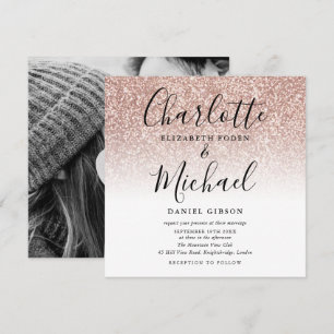 Einfache Rose Gold Glitter Schrift Hochzeitsfoto Einladung