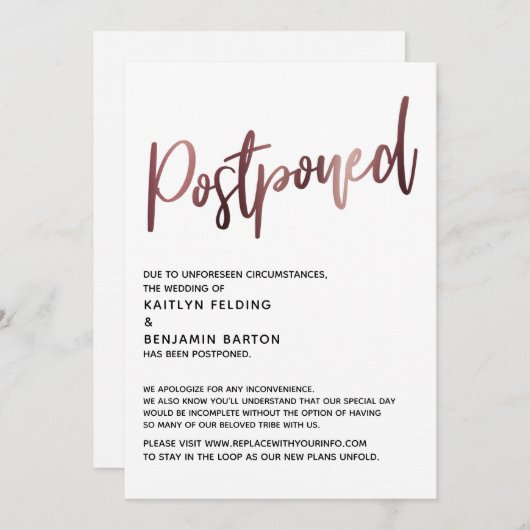 Einfache Rose Gold Handschrift verzögert Hochzeits Einladung (Vorne/Hinten)