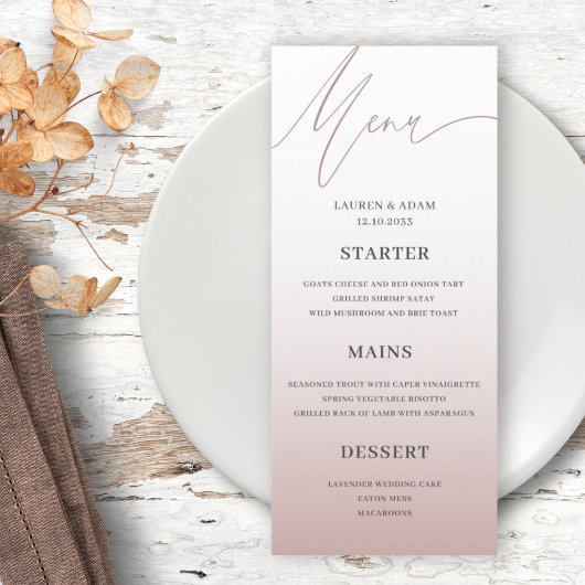 Einfache Rose Gold Hochzeitmenü Menükarte