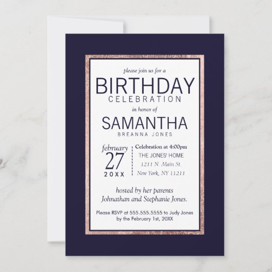 Einfache Rose Gold Lined Navy Blue Birthday Party Einladung (Vorderseite)