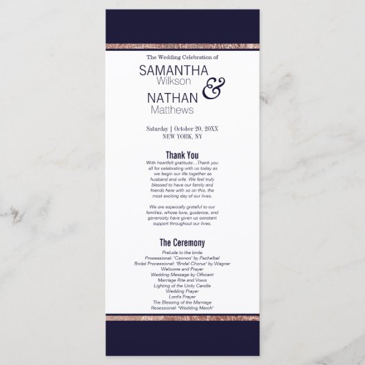 Einfache Rose Gold Lined Navy Blue Hochzeitsprogra Programm (Vorderseite)