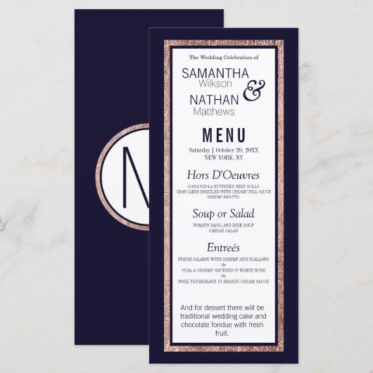 Einfache Rose Gold Lined Navy Blue Wedding Menükarte (Vorne/Hinten)