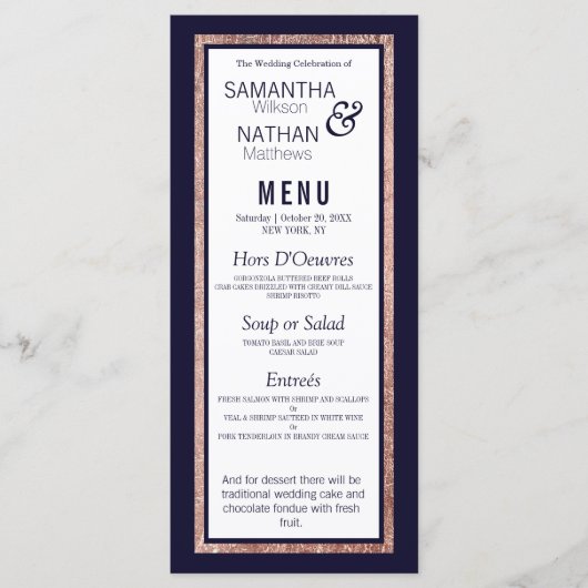 Einfache Rose Gold Lined Navy Blue Wedding Menükarte (Vorderseite)