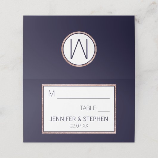 Einfache Rose Gold Lined Navy Blue Wedding Platzkarte (Außenseite Aufgefaltet)