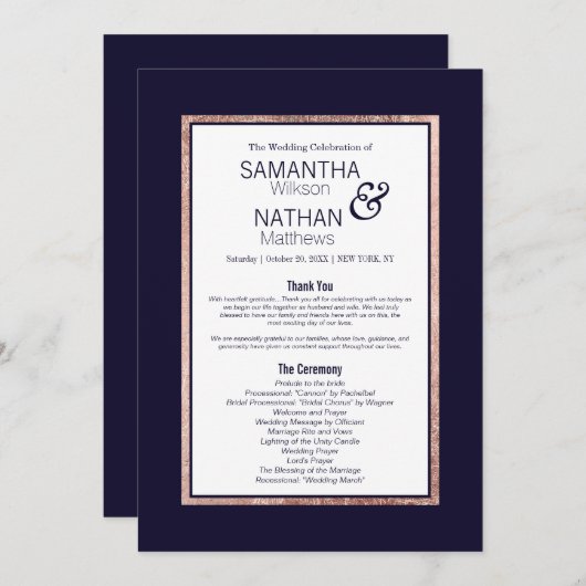 Einfache Rose Gold Lined Navy Blue Wedding Programm (Vorne/Hinten)