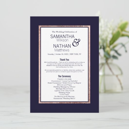 Einfache Rose Gold Lined Navy Blue Wedding Programm (Stehend Vorderseite)