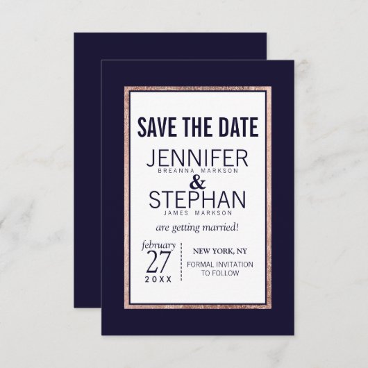 Einfache Rose Gold Lined Navy Blue Wedding Save The Date (Vorne/Hinten)