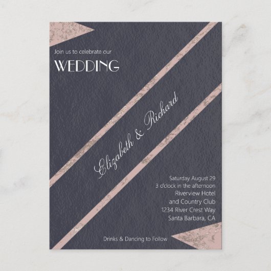 Einfache Rose Gold Marble Blue Hochzeit Einladung Postkarte (Vorderseite)