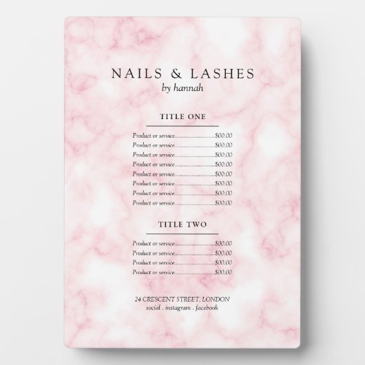 Einfache Rose Gold Marmor Preis Menü Fotoplatte (Vorderseite)