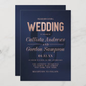 Einfache Rose Gold Navy Brushed Metal Wedding Einladung (Vorne/Hinten)