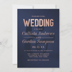 Einfache Rose Gold Navy Brushed Metal Wedding Einladung