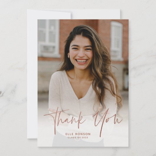 Einfache Rose Gold Script 2 Foto Abschluss Dankeskarte (Vorderseite)