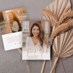 Einfache Rose Gold Script 2 Foto Abschluss Dankeskarte<br><div class="desc">Eine einfache Rose Gold Script 2 Foto Abschluss Dankeschön-Karte mit handgeschriebenem Schriftart voll blued portrait Foto auf der Vorderseite mit Namen und Abschluss Details. Der Rücken hat ein zweites Foto und danke Ihnen Nachricht vom Abitur. Klicken Sie auf die Schaltfläche Bearbeiten,  um dieses Design anzupassen.</div>