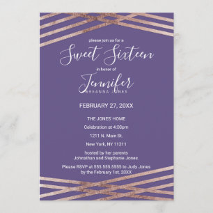 Einfache Rose Gold Violet Sweet 16 Einladung