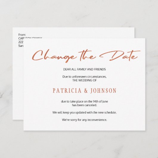 Einfache Rose Goldskripte Hochzeit ändern das Datu Ankündigungspostkarte (Vorne/Hinten)