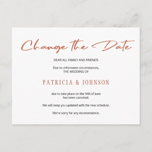 Einfache Rose Goldskripte Hochzeit ändern das Datu Ankündigungspostkarte (Vorderseite)
