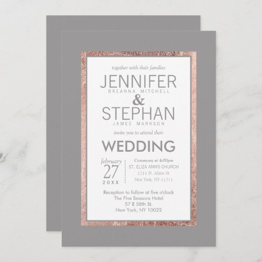 Einfache Rose Goldverziertes Schiefergrauen Hochze Einladung (Vorne/Hinten)