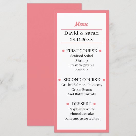 Einfache Rose Hochzeitsessen Menükarte (Vorne/Hinten)