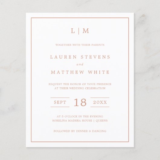 Einfache Rose Rosa Monogramm Einladung zur Hochzei (Vorderseite)