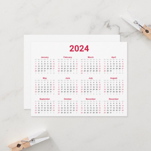 Einfache Rot und Weiß 2024 Jahr im Überblick Karte (Vorderseite/Rückseite Beispiel)