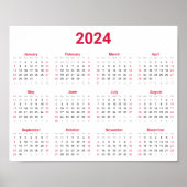 Einfache Rot und Weiß 2024 Jahr im Überblick Poster (Vorne)
