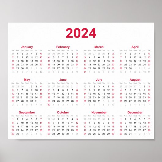 Einfache Rot und Weiß 2024 Jahr im Überblick Poster (Vorne)