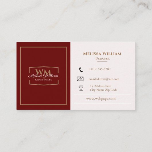 Einfache Rot-Weiß-Monogramm Visitenkarte (Rückseite)