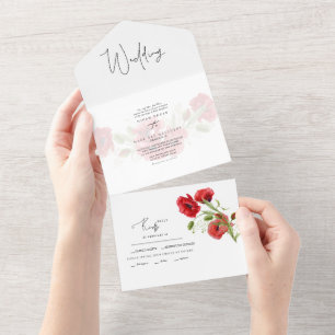 Einfache rote florale Winterhochzeit All In One Einladung