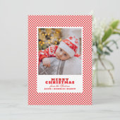 Einfache rote Gingham-Foto-Weihnachtskarte Feiertagskarte (Stehend Vorderseite)