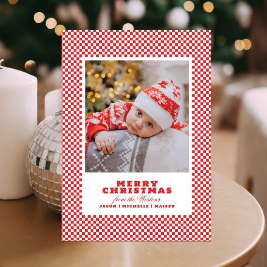 Einfache rote Gingham-Foto-Weihnachtskarte Feiertagskarte