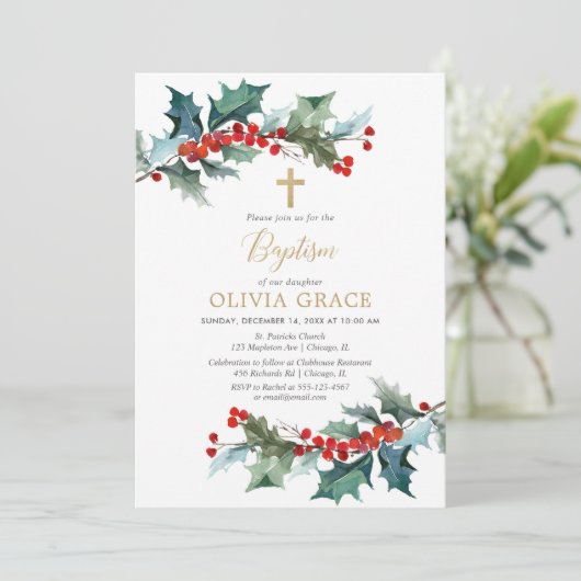 Einfache rote goldene Vegetation Weihnachtsbaptism Einladung (Stehend Vorderseite)