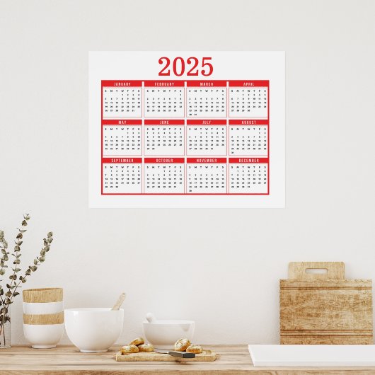 Einfache Rote Kalender 2025 Poster (Küche)