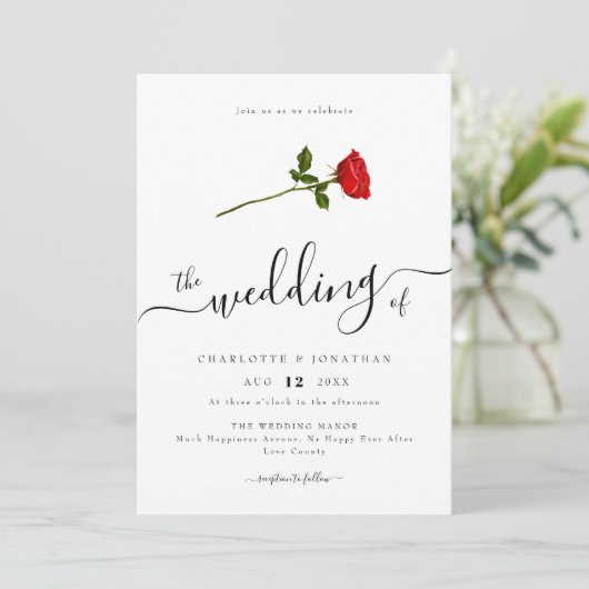 Einfache Rote Rose Eleganter Script QR Code Einladung (Stehend Vorderseite)