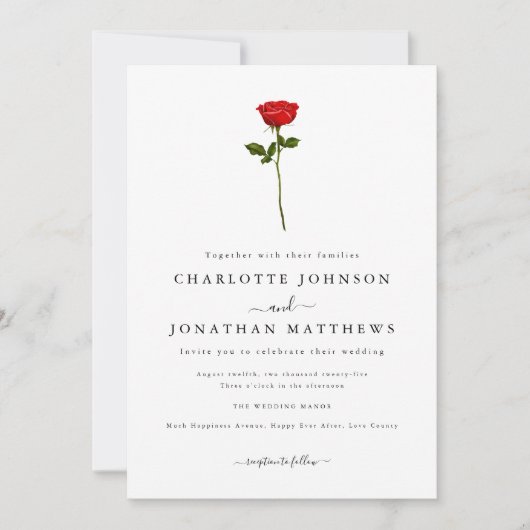 Einfache Rote Rose Elegantes Script QR Code Hochze Einladung (Vorderseite)