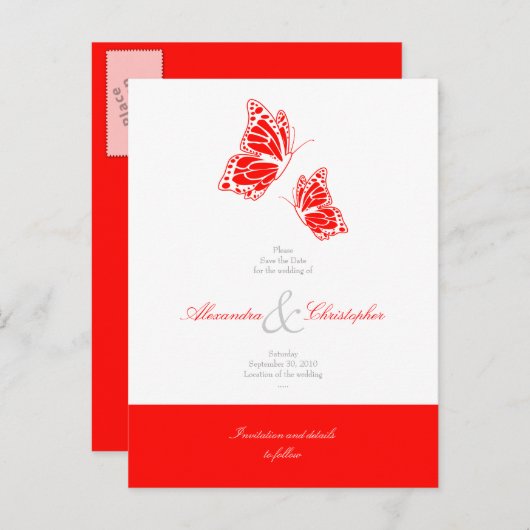 Einfache rote Schmetterlinge Save the Date Hochzei Ankündigungspostkarte (Vorne/Hinten)