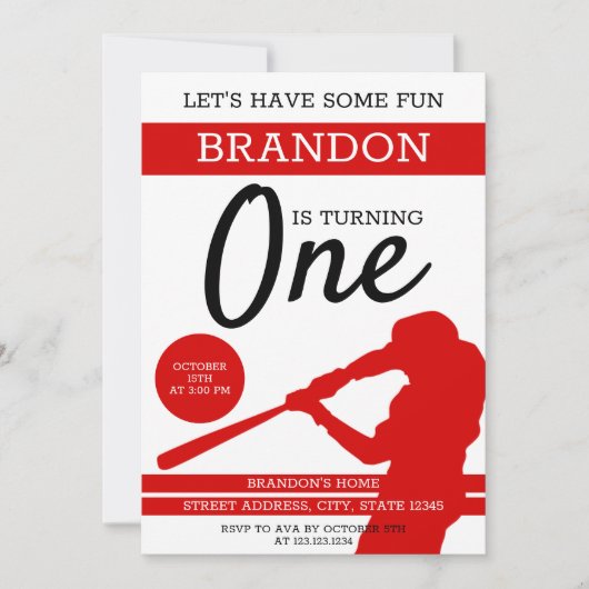 Einfache Rote Silhouette Baseball 1. Geburtstag Einladung (Vorderseite)